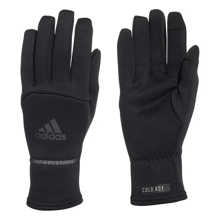 Black Adidas Running Training Gloves with breathable fabric and adjustable wrist straps for a secure fit.