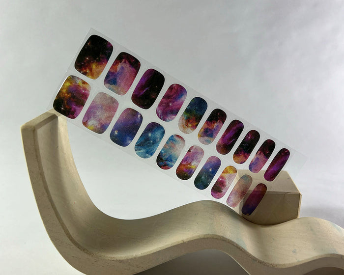 Cosmic Chic semi-cured gel nail wraps on a nail mock-up