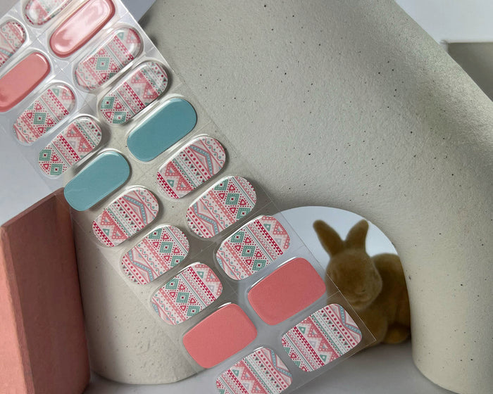 Easter PJs semi-cured gel nail wraps on a nail mock-up, detail view