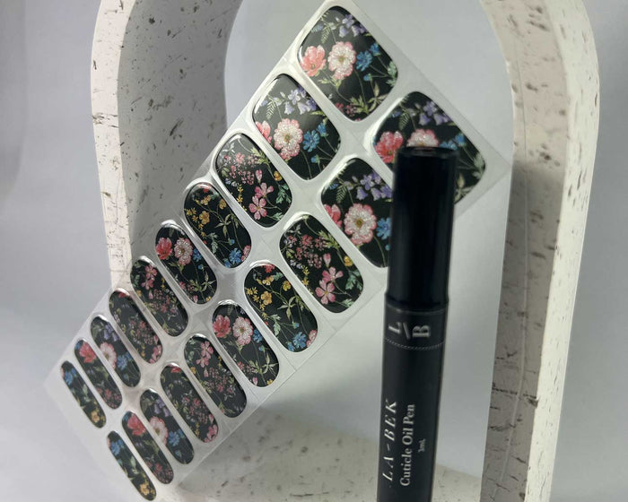 Secret Garden semi-cured gel nail wraps on a nail mock-up, alternate angle