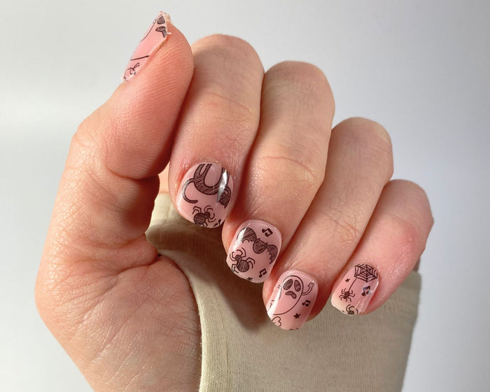 Spooky Sketches semi-cured gel nail wraps, close-up