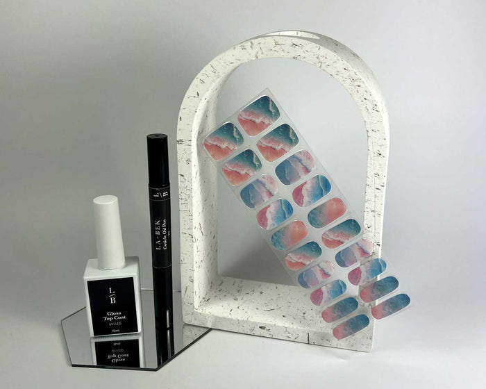 Unicorn Shore semi-cured gel nail wraps on a nail mock-up