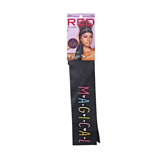 RED BEAUTY by KISS silky satin edge scarf black with colorful MAGICAL lettering and retail header card