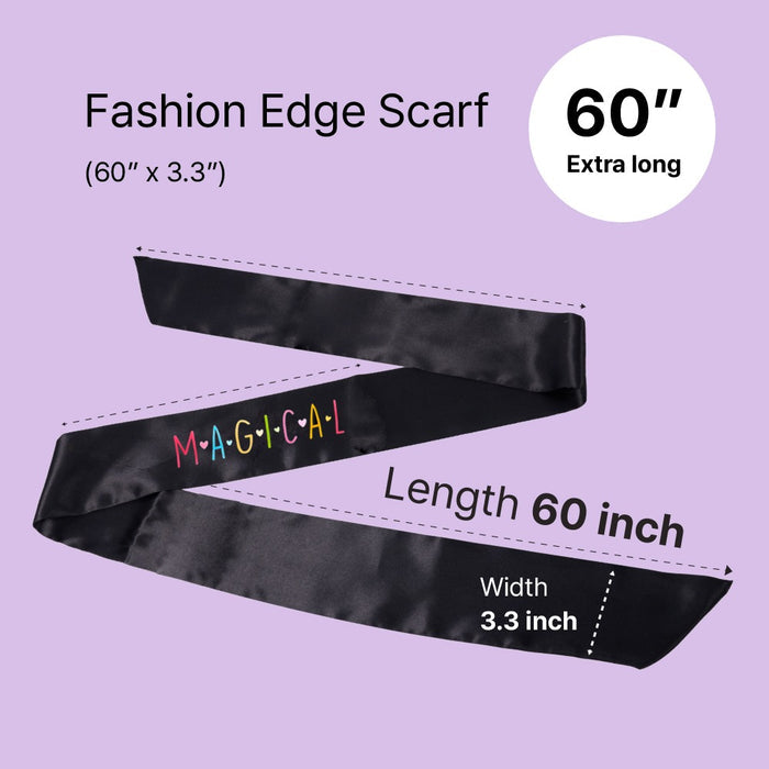 RED BEAUTY by KISS silky satin edge scarf black 60 inch extra long with MAGICAL print