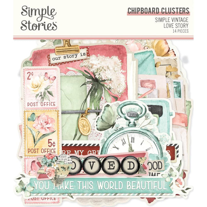 Simple Stories - Chipboard Clusters - Simple Vintage Love Story. The perfect embellishment to finish your project! Embellishments can add whimsy, dimension, color and style to greeting cards, scrapbook pages, altered art, mixed media and more. Available at Embellish Away located in Bowmanville Ontario Canada.
