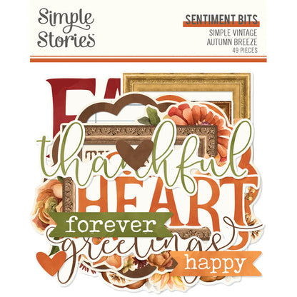 Simple Stories - Sentiment Bits & Pieces - Simple Vintage Autumn Breeze. 49 Die Cut Cardstock Pieces. At Embellish Away in Bowmanville Ontario Canada.