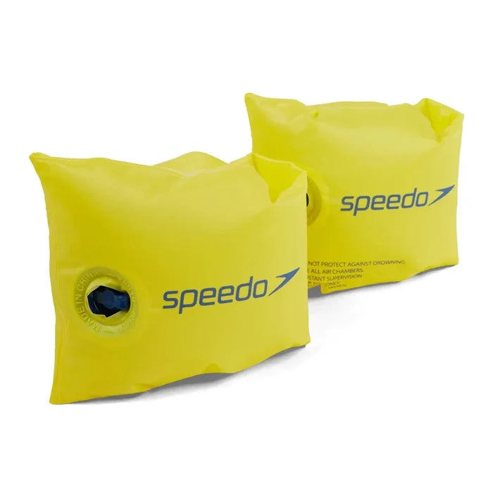Yellow Speedo swim armbands for children aged 0-2, waterproof swim aids for safety and buoyancy in the pool.