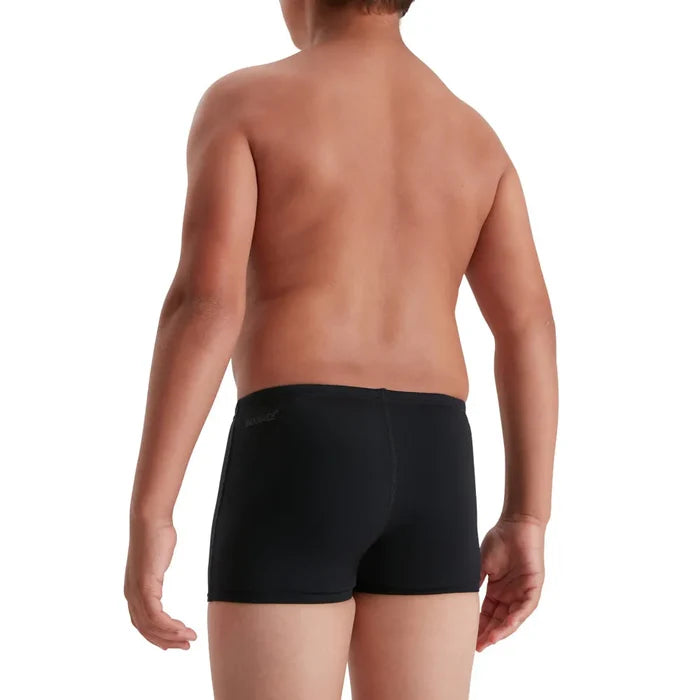 Black Speedo boys' Eco Endurance+ aquashorts, durable swimwear for young kids, designed for comfortable swimming and active water play.