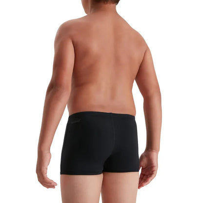 Black Speedo boys' Eco Endurance+ aquashorts, durable swimwear for young kids, designed for comfortable swimming and active water play.