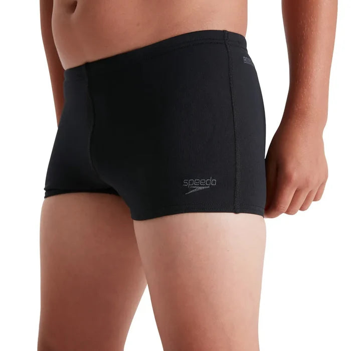 Speedo boys' black Eco Endurance+ aquashorts, durable swim shorts designed for young swimmers, featuring a comfortable fit.