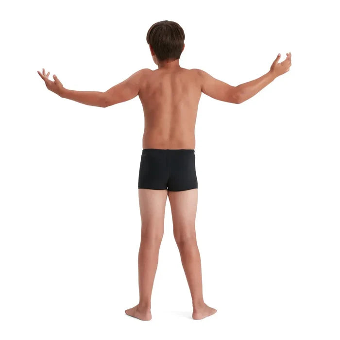 Black Speedo boys' Eco Endurance+ aquashorts designed for swimming and water activities, featuring a comfortable fit for young swimmers.