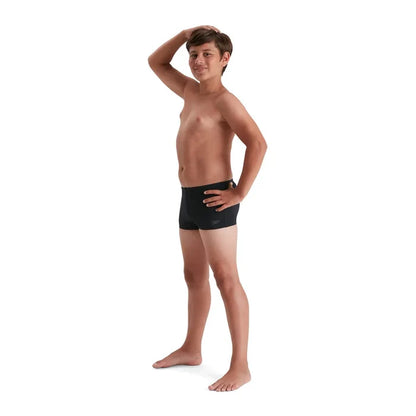 Black Speedo boys' Eco Endurance+ aquashorts for ages 4, made from durable, eco-friendly swimwear fabric, suitable for young swimmers.