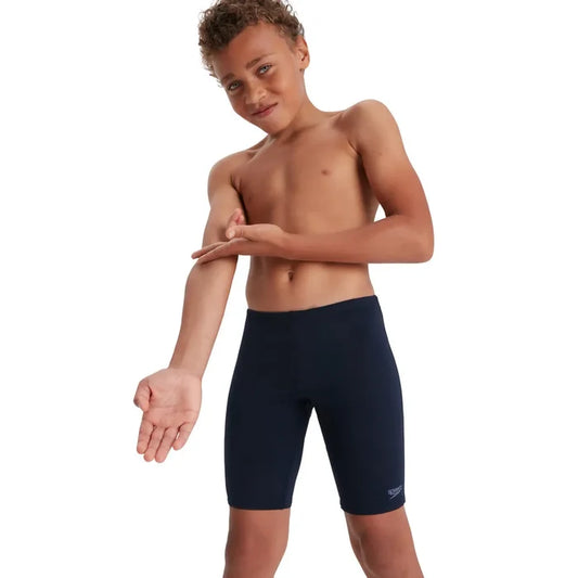 Speedo boys' navy Eco Endurance+ jammer swimwear, close-up of the durable, snug-fitting swim jammer designed for young swimmers.