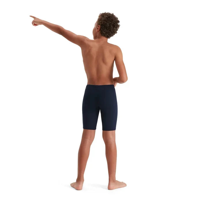 Speedo boys' Eco Endurance+ navy jammer swimsuit, durable swimwear for young swimmers with a snug fit and sleek design.