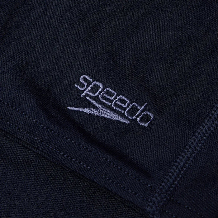 Speedo boys' navy Eco Endurance+ jammer, a durable swim jammer designed for young swimmers, shown in navy fabric with a snug fit.