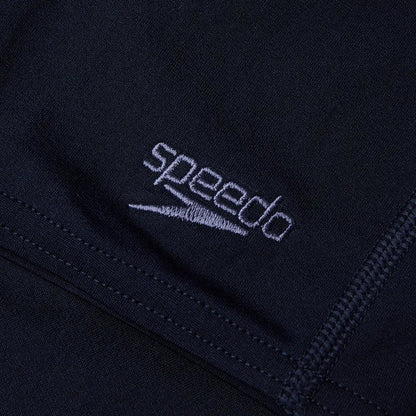 Speedo boys' navy Eco Endurance+ jammer, a durable swim jammer designed for young swimmers, shown in navy fabric with a snug fit.