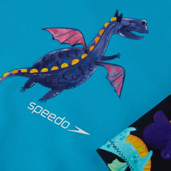 Speedo boys' long sleeve printed rash top in black and blue, designed for swim protection and comfort for ages 9-12 months.
