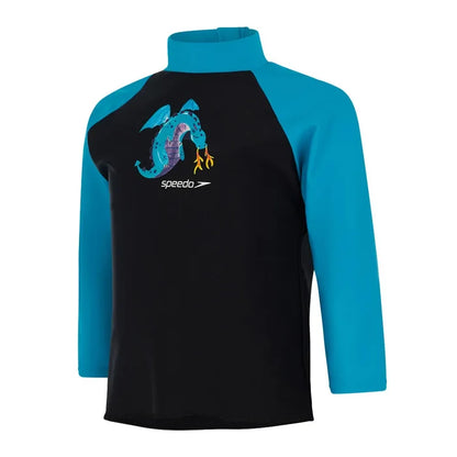 Speedo boys' long sleeve printed rash top in black and blue, designed for swimming and sun protection.