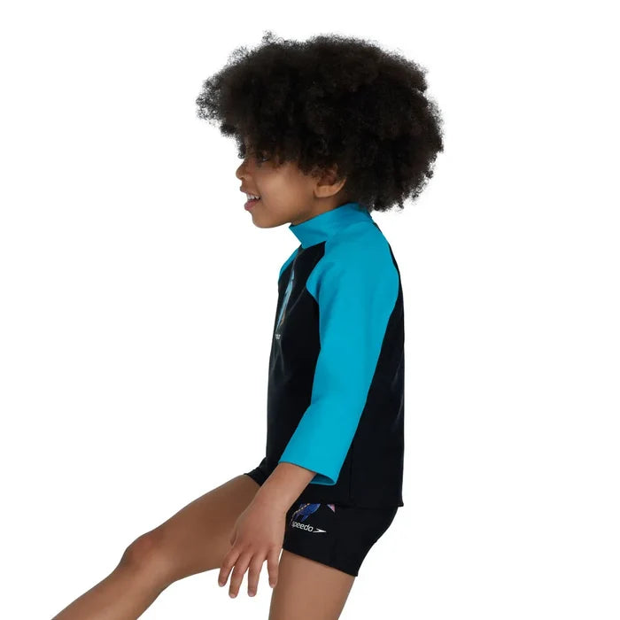 Speedo boys' long sleeve printed rash guard in black and blue, designed for swimming and sun protection.