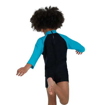 Speedo boys' long sleeve printed rash top in black and blue, designed for sun protection during swimming and water activities.