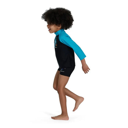 Speedo boys' long sleeve printed rash guard in black and blue, designed for swim protection and comfort.
