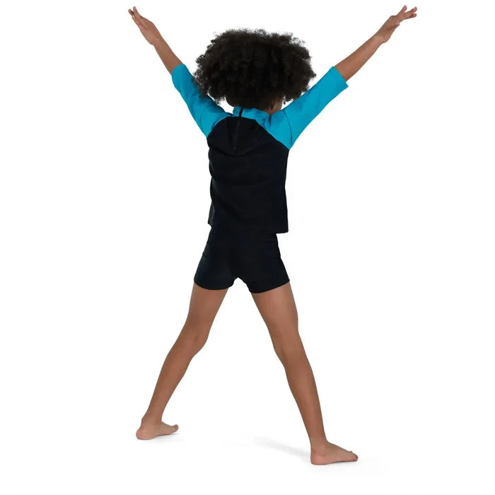 Speedo boys' long sleeve printed rash guard in black and blue, designed for swim protection and sun safety.