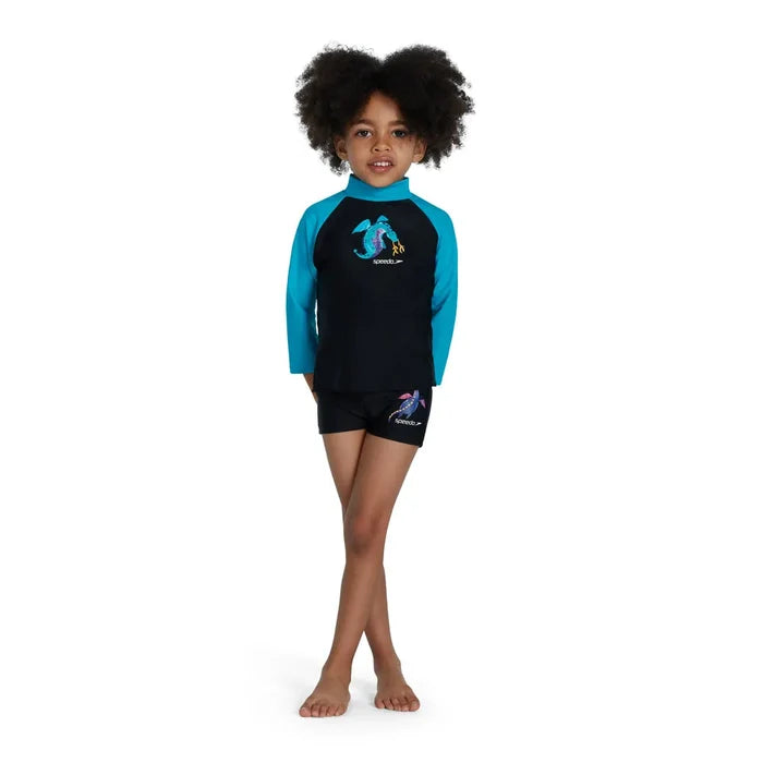 Speedo boys' long sleeve printed rash guard in black and blue, designed for swim protection and comfort for ages 9-12 months.