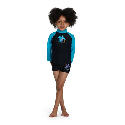 Speedo boys' long sleeve printed rash guard in black and blue, designed for swim protection and comfort for ages 9-12 months.