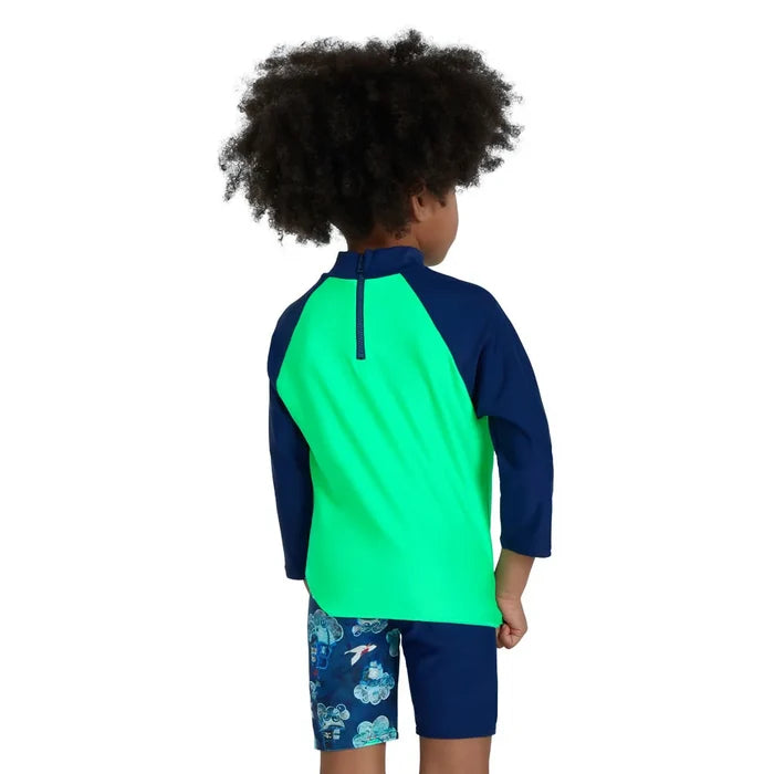Speedo boys' long sleeve printed rash guard in green and blue, designed for swim protection and comfort for ages 9-12 months.