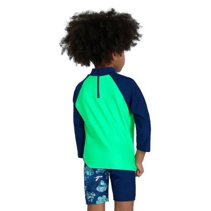 Speedo boys' long sleeve printed rash guard in green and blue, designed for swim protection and comfort for ages 9-12 months.