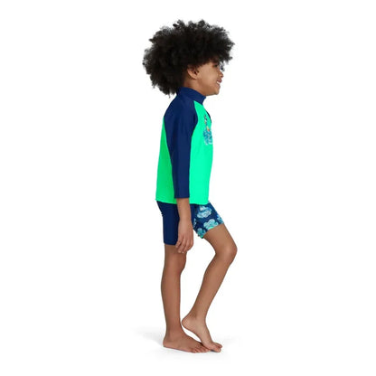 Speedo boys' long sleeve printed rash guard in green and blue, designed for swim protection and sun safety.