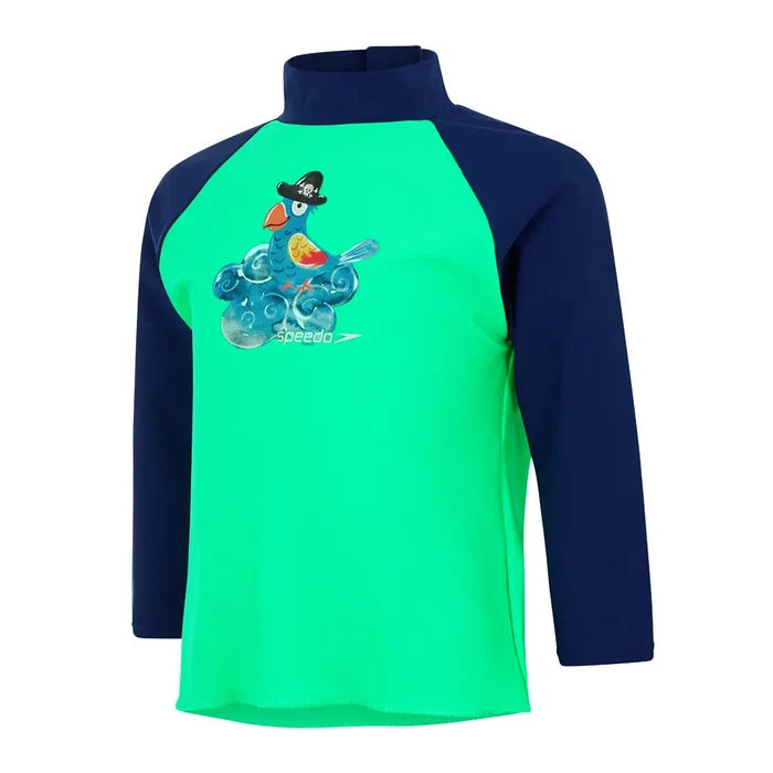 Speedo boys' long sleeve printed rash top in green and blue, perfect for swimming and sun protection, designed for ages 9-12 months.