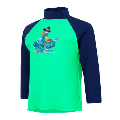 Speedo boys' long sleeve printed rash top in green and blue, perfect for swimming and sun protection, designed for ages 9-12 months.
