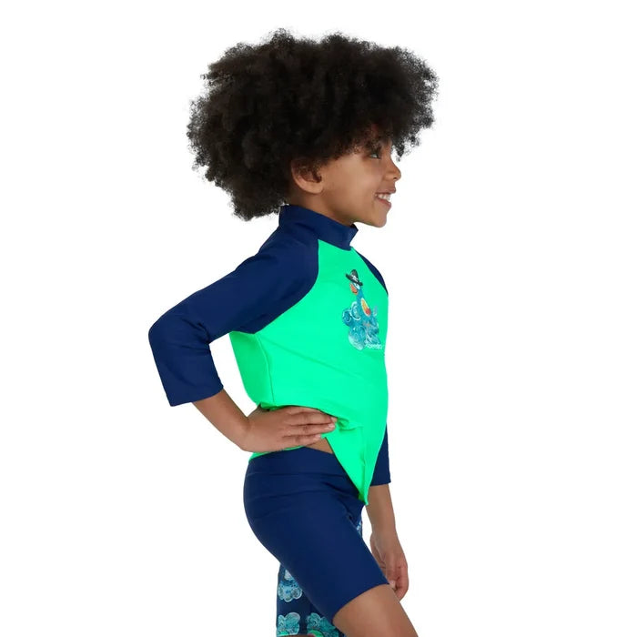 Speedo boys' long sleeve printed rash guard in green and blue, designed for swimming and sun protection, for ages 9-12 months.