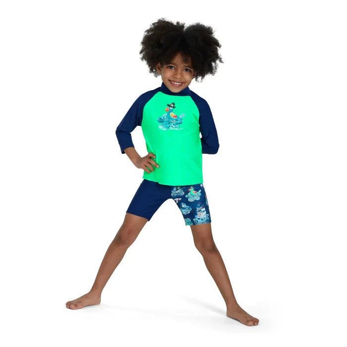 Speedo boys' long sleeve printed rash guard in green and blue, designed for swimming and sun protection.