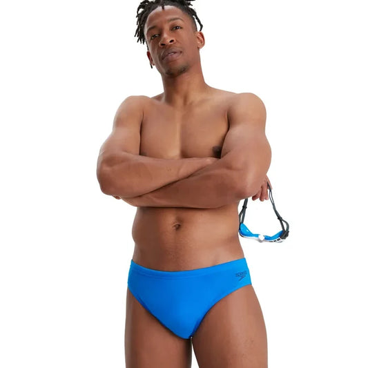 Blue Speedo Eco Men's Endurance+ 7cm Briefs, snug fit swimwear with quick-drying fabric and comfortable waistband.