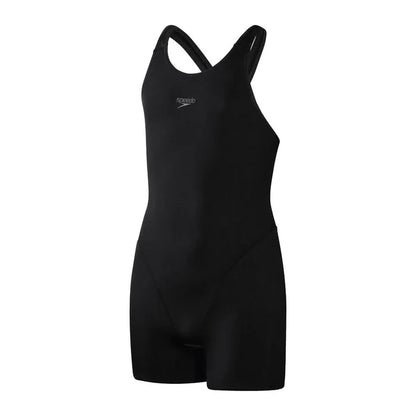 Speedo girls ECO Endurance+ black legsuit for ages 7-8, durable swimwear with full leg coverage and comfortable fit.