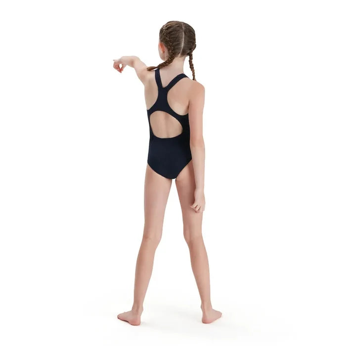 Speedo Girls Eco Endurance+ Medalist swimsuit in navy, made for young swimmers, featuring comfortable, durable fabric and a sleek design.