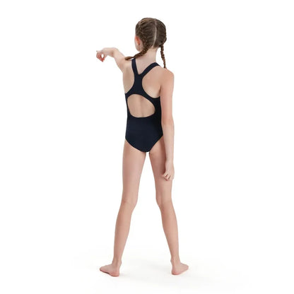 Speedo Girls Eco Endurance+ Medalist swimsuit in navy, made for young swimmers, featuring comfortable, durable fabric and a sleek design.