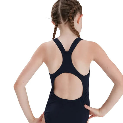 Speedo girls' Eco Endurance+ Medalist swimsuit in navy, durable and comfortable kids' swimwear for young swimmers.