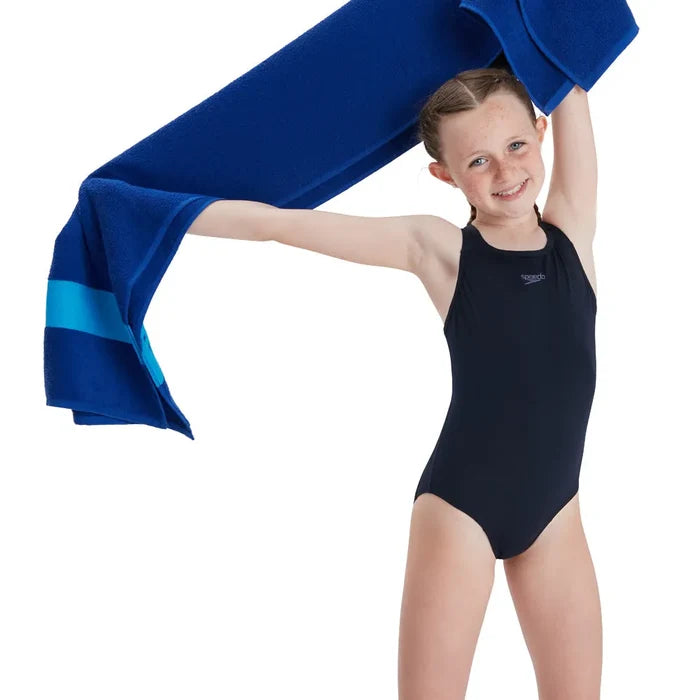 Navy Speedo Girls Eco Endurance+ Medalist Swimsuit with sleek design, suitable for young girls' swimming activities.