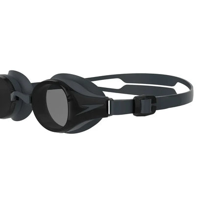Speedo Hydropure Optical Goggle in black with clear lenses, designed for swimming and featuring adjustable straps and a comfortable fit.