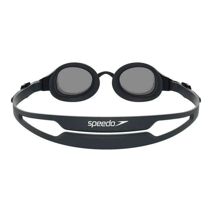 Black Speedo Hydropure Optical Goggle with clear lenses, adjustable strap, designed for comfortable swimming and enhanced vision.