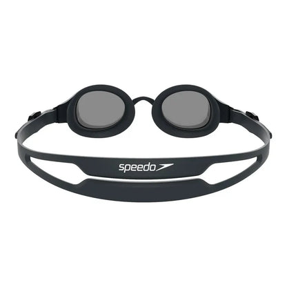 Black Speedo Hydropure Optical Goggle with clear lenses, adjustable strap, designed for comfortable swimming and enhanced vision.
