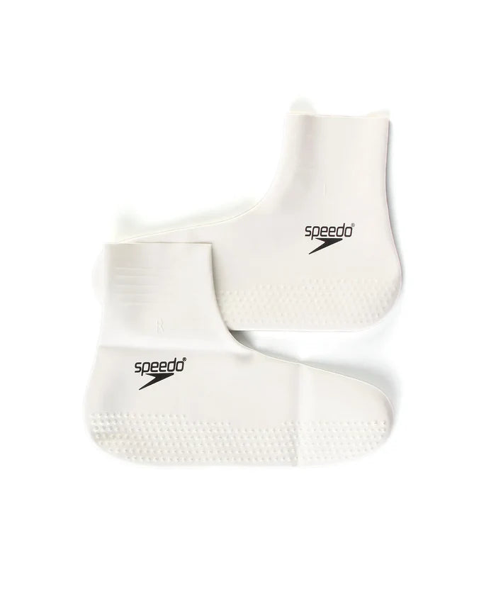 Speedo latex pool sock worn on foot, designed for water activities and pool safety, featuring a snug fit and durable material.