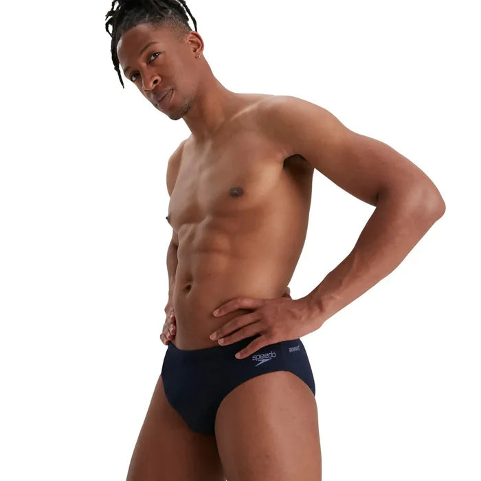 Speedo men's Eco Endurance+ 7cm swimsuit briefs, close-up showing blue fabric and elastic waistband.