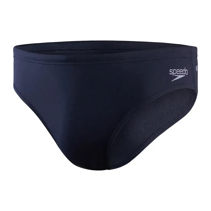 Speedo men's Eco Endurance+ 7cm briefs, close-up view showing blue swimwear with Speedo logo on the waistband.