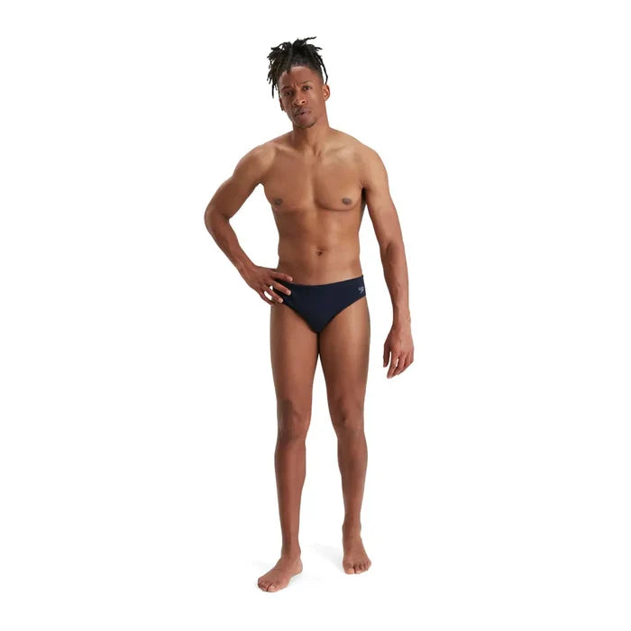 Speedo men's Eco Endurance+ 7cm briefs in black, showing the snug fit and elastic waistband with Speedo logo.
