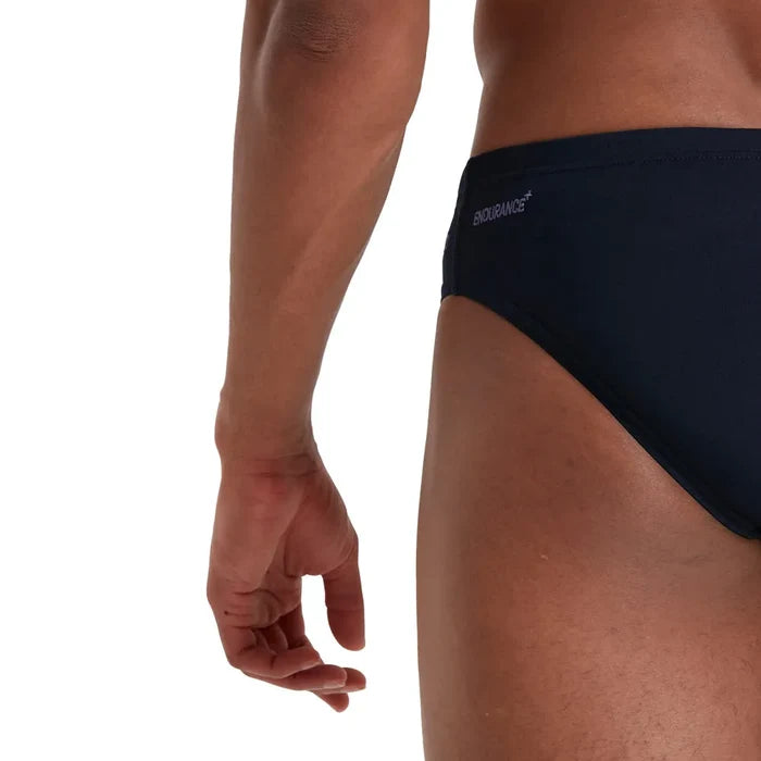 Speedo men's Eco Endurance+ 7cm brief swimwear in blue, featuring a snug fit and quick-drying fabric for comfortable swimming.