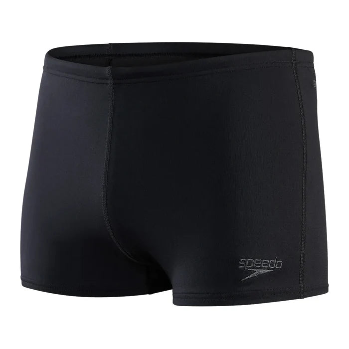 Black Speedo men's Eco Endurance+ aquashorts, snug fit swimwear designed for comfort and durability in the pool.